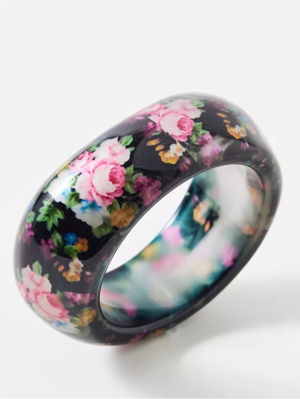 Urban Outfitters Floral Black Resin Bangle Bracelet with Pink Rose Print